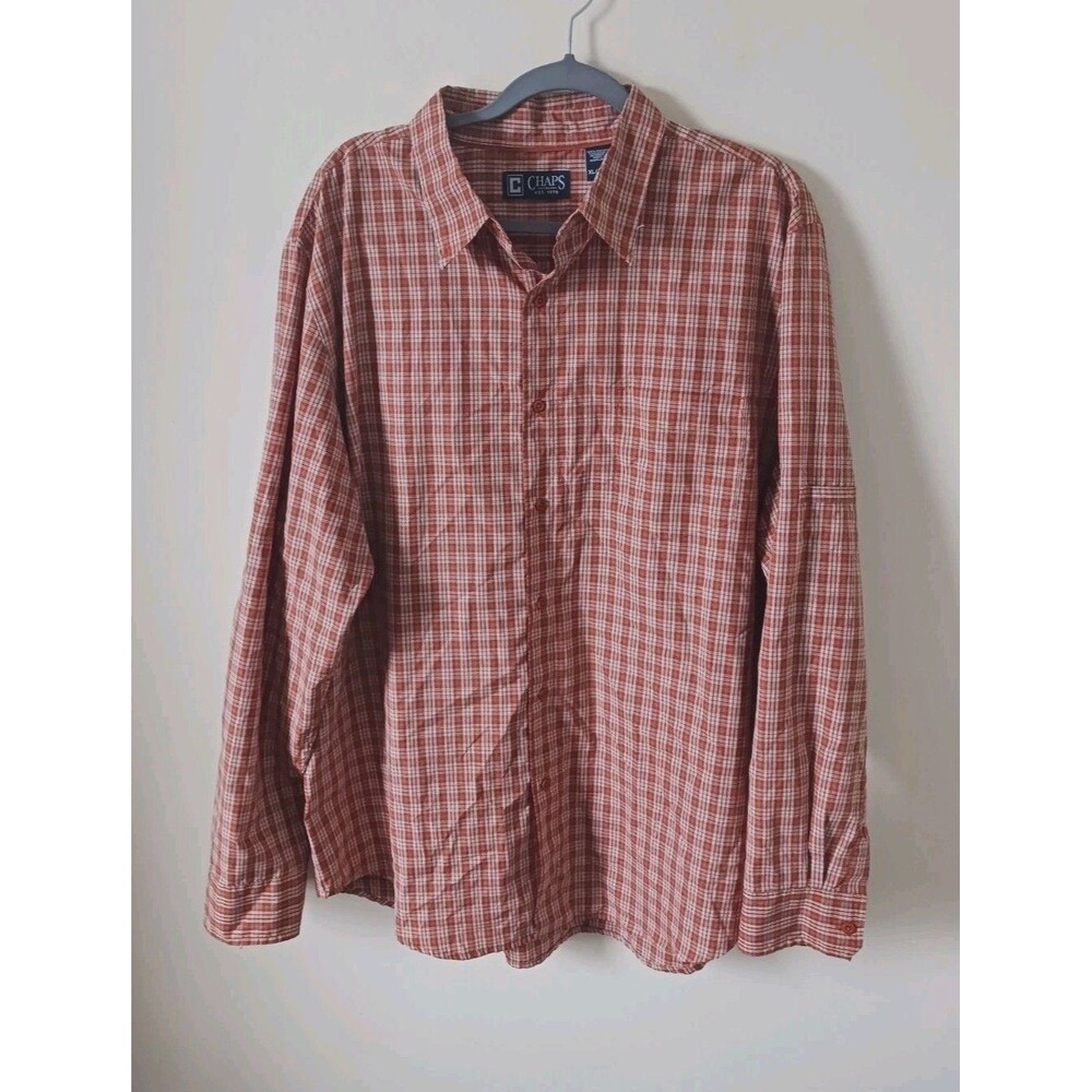 Chaps Plaid Button Down Shirt Orange White Long Sleeve Size‎ XL
